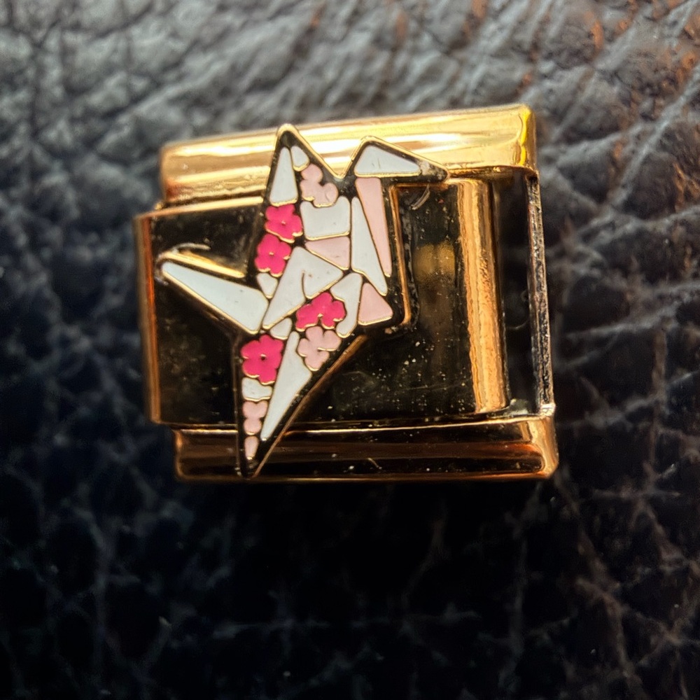 Origami Crane Italian Charm Link – 9mm Gold-Tone with Pink Floral Detail